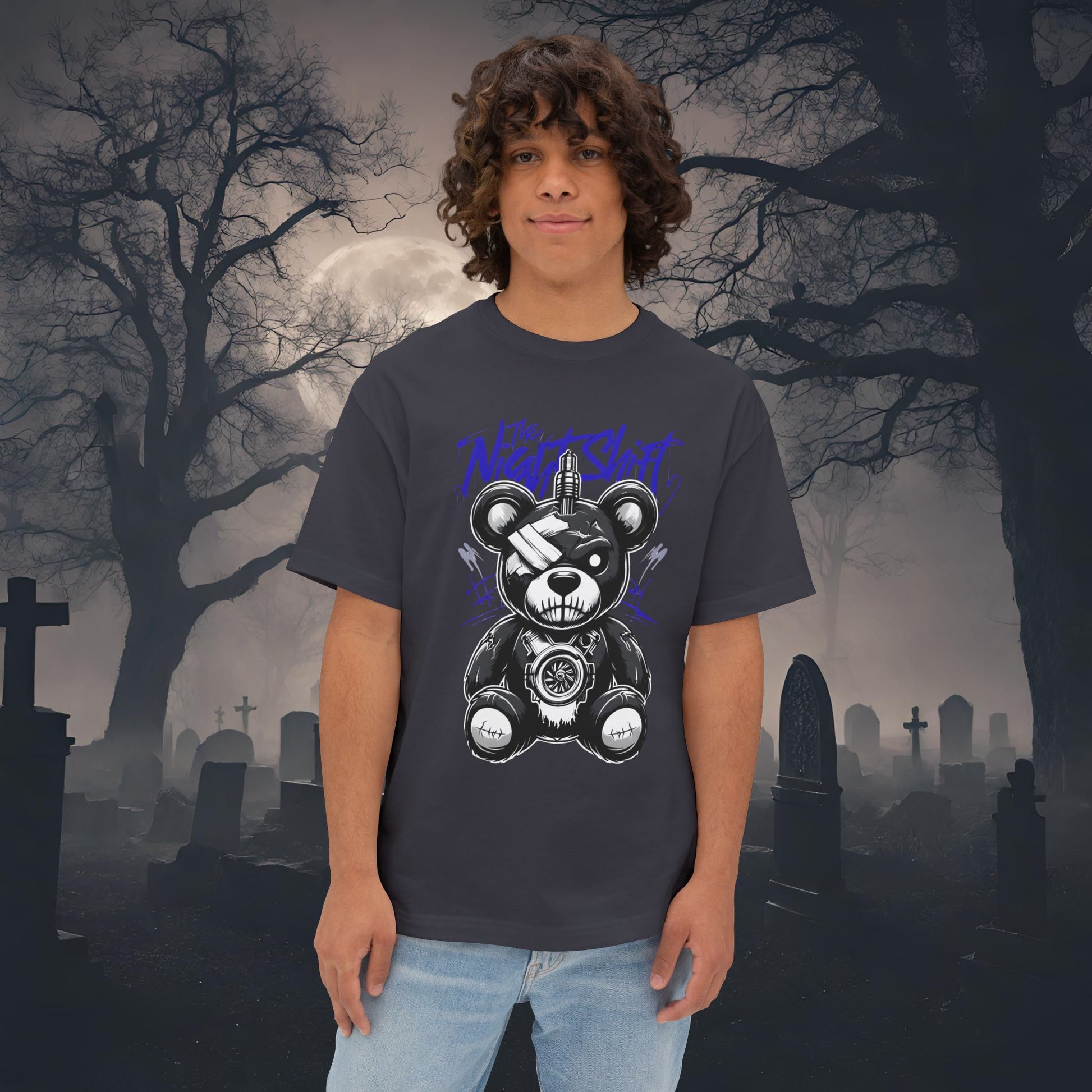 The Night Shift Tattered Teddy-Premium, Ultra Soft Unisex Oversized Boxy Tee Dark Grey Printify by The Night Shift Automotive Apparel