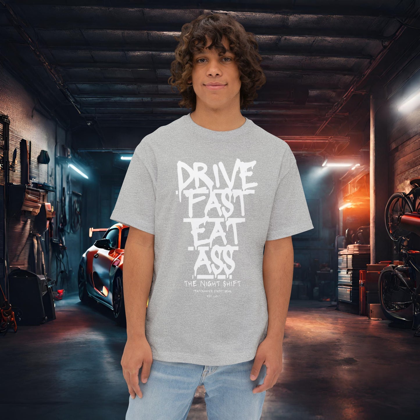 Drive Fast, Eat Ass-Premium, Ultra Soft Unisex Oversized Boxy Tee Athletic Heather Printify by The Night Shift Automotive Apparel