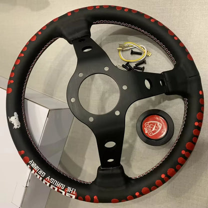 VERTEX Bloody 330mm Genuine Leather Embroidered Deep Dish Steering Wheel The Night Shift Performance Street Gear by The Night Shift Automotive Apparel