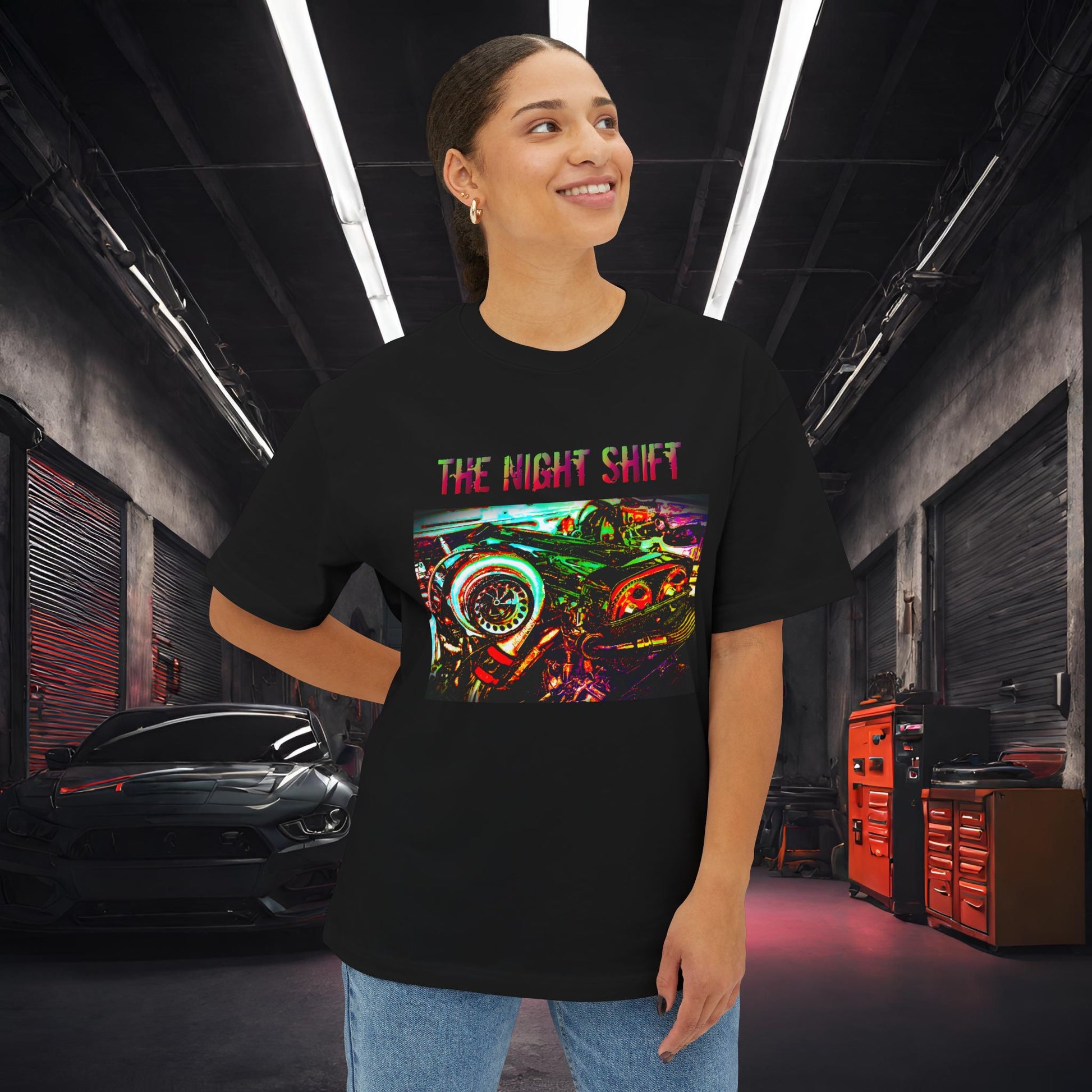 2JZ-GTE Single Turbo Synthwave-Premium, Ultra Soft Unisex Oversized Boxy Tee Printify by The Night Shift Automotive Apparel