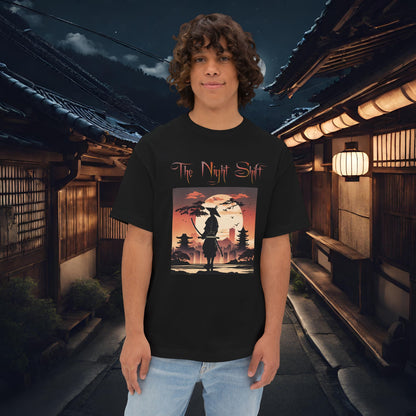 Samurai Full Moon Silhouette-Premium, Ultra Soft Unisex Oversized Boxy Tee Black Printify by The Night Shift Automotive Apparel