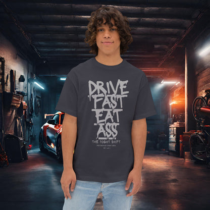 Drive Fast, Eat Ass-Premium, Ultra Soft Unisex Oversized Boxy Tee Dark Grey Printify by The Night Shift Automotive Apparel