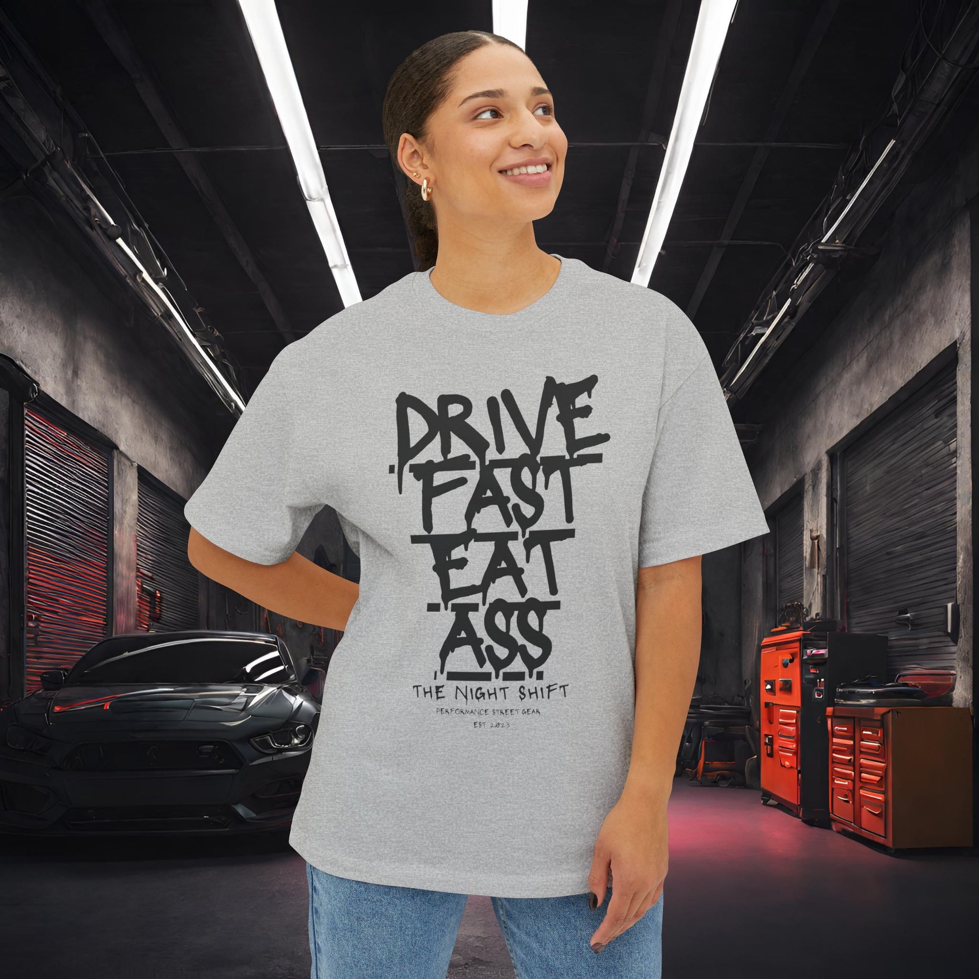 Drive Fast, Eat Ass-Premium, Ultra Soft Unisex Oversized Boxy Tee Printify by The Night Shift Automotive Apparel