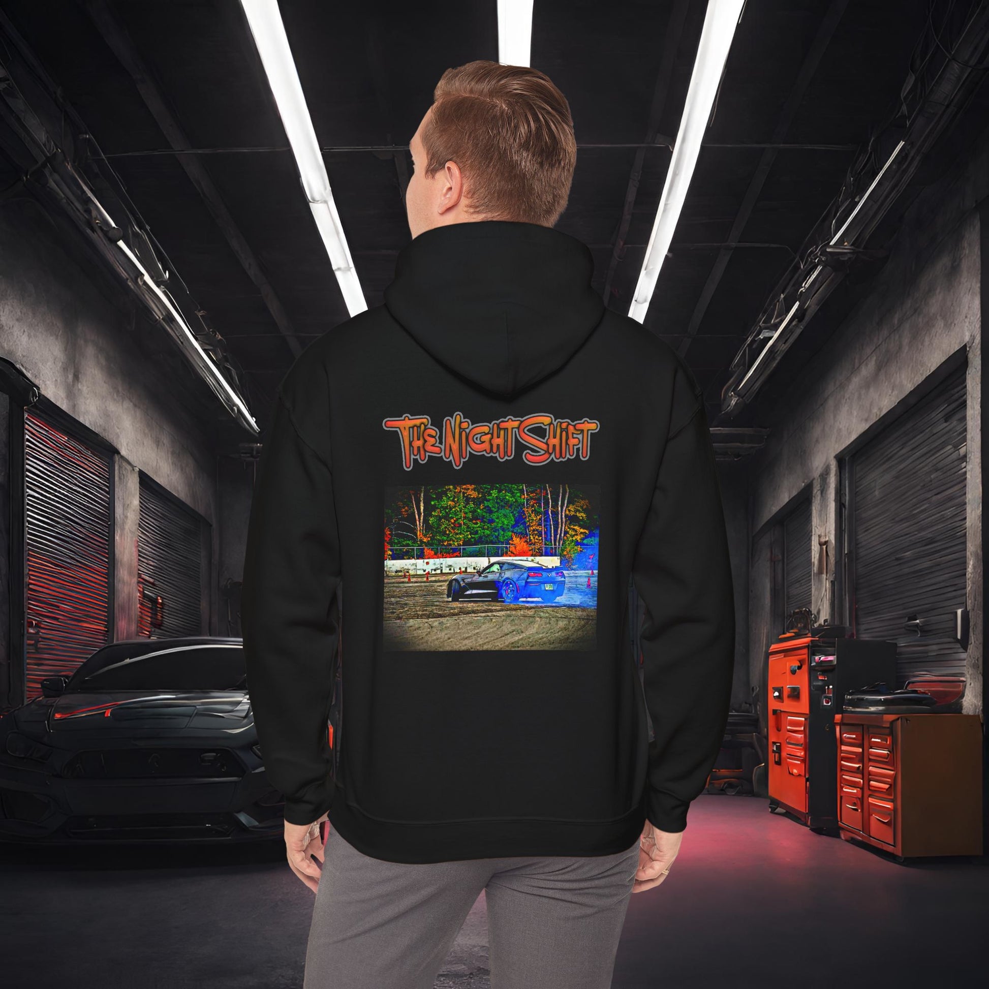 Chevy Corvette C7 Drifting-Premium, Ultra Soft Unisex Hoodie Black Printify by The Night Shift Automotive Apparel