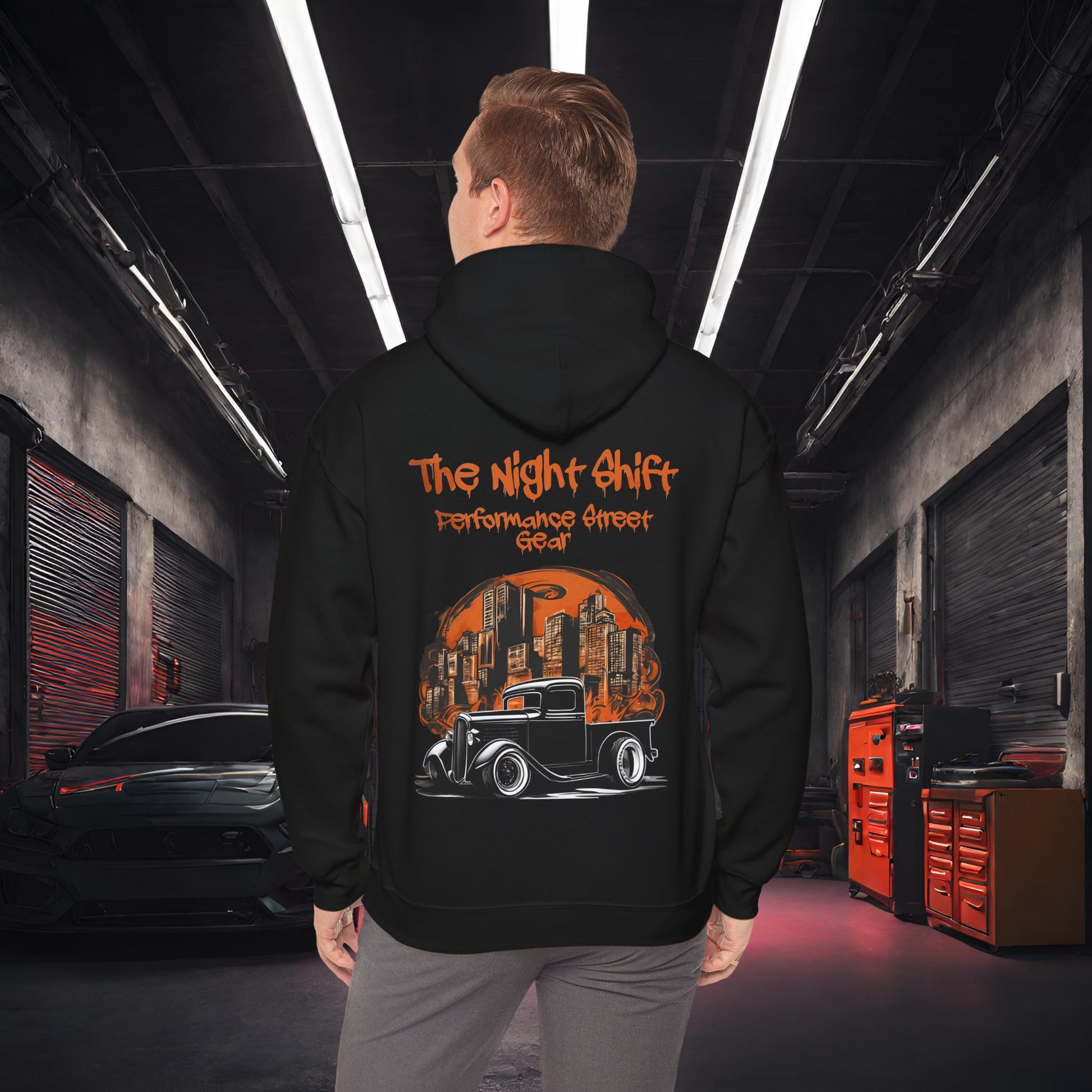 1930's Hot Rod Pick Up Urban Streets-Premium, Ultra Soft Unisex Hoodie Black Printify by The Night Shift Automotive Apparel