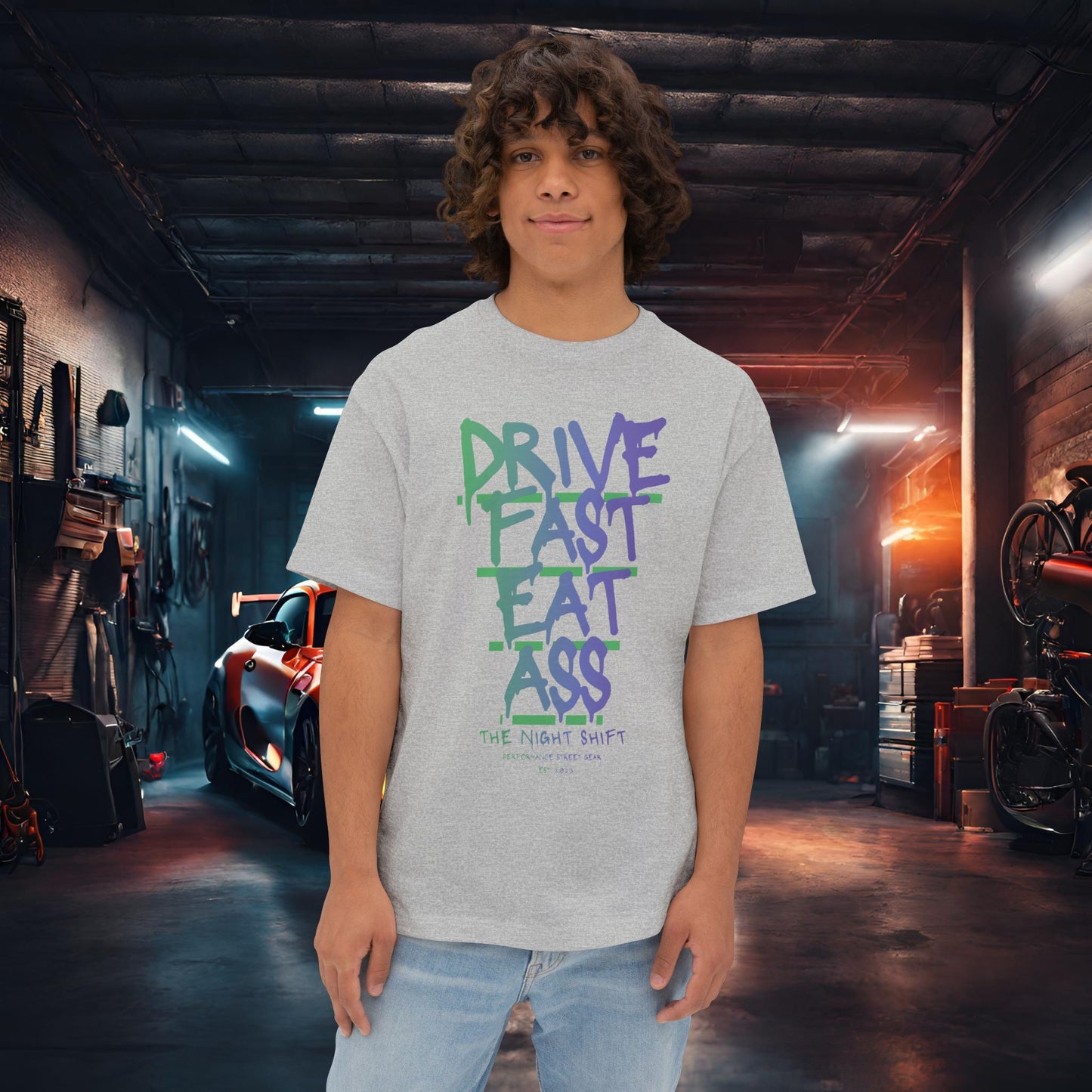 Drive Fast, Eat Ass-Premium, Ultra Soft Unisex Oversized Boxy Tee Athletic Heather Printify by The Night Shift Automotive Apparel