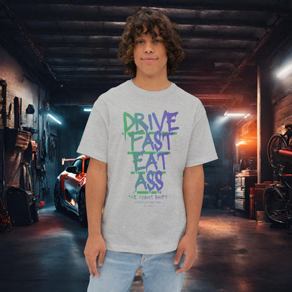 Drive Fast, Eat Ass-Premium, Ultra Soft Unisex Oversized Boxy Tee Athletic Heather Printify by The Night Shift Automotive Apparel