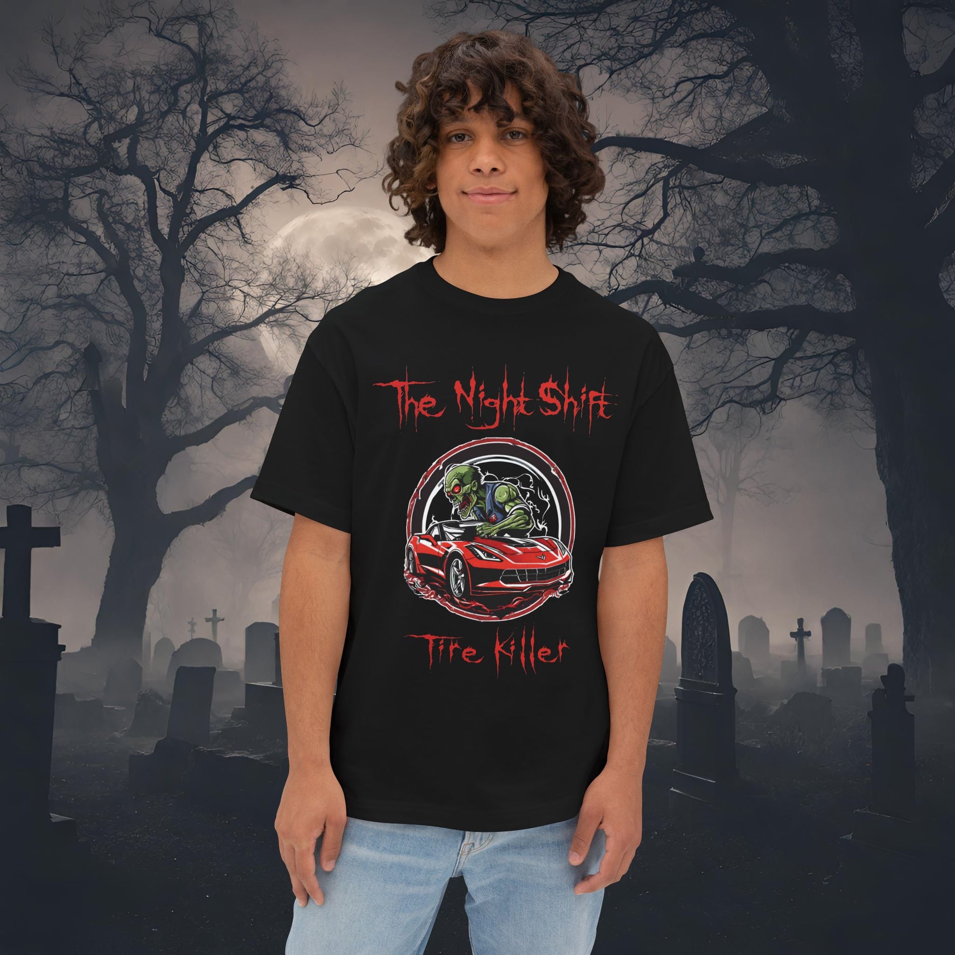 Tire Killer Zombie Corvette-Premium, Ultra Soft Unisex Oversized Boxy Tee Black Printify by The Night Shift Automotive Apparel