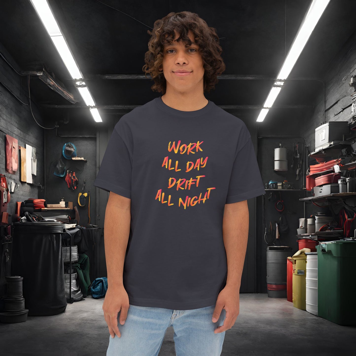Work All Day, Drift All Night-Premium, Ultra Soft Unisex Oversized Boxy Tee Dark Grey Printify by The Night Shift Automotive Apparel