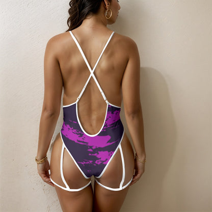 Purple Brushstroke-Women's Sexy Lace One Piece Bathing Suit (White Lace) Yoycol by The Night Shift Automotive Apparel