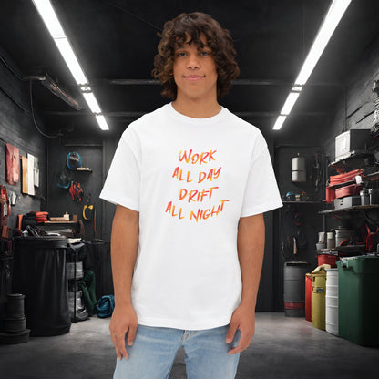 Work All Day, Drift All Night-Premium, Ultra Soft Unisex Oversized Boxy Tee White Printify by The Night Shift Automotive Apparel