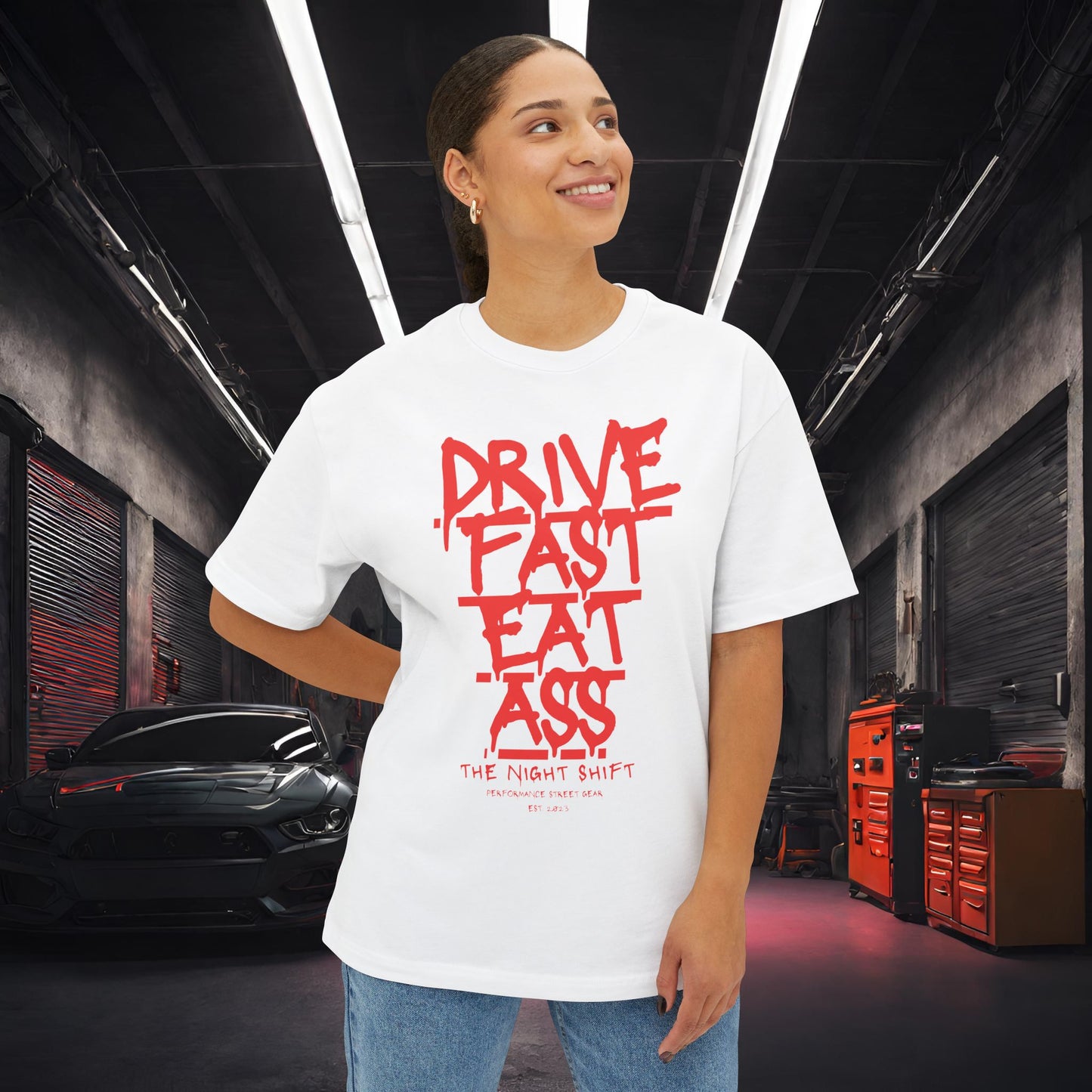 Drive Fast, Eat Ass-Premium, Ultra Soft Unisex Oversized Boxy Tee Printify by The Night Shift Automotive Apparel