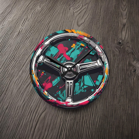 Steering Wheel-Acrylic Wall Clock 8'' × 8'' (Round) Printify by The Night Shift Automotive Apparel