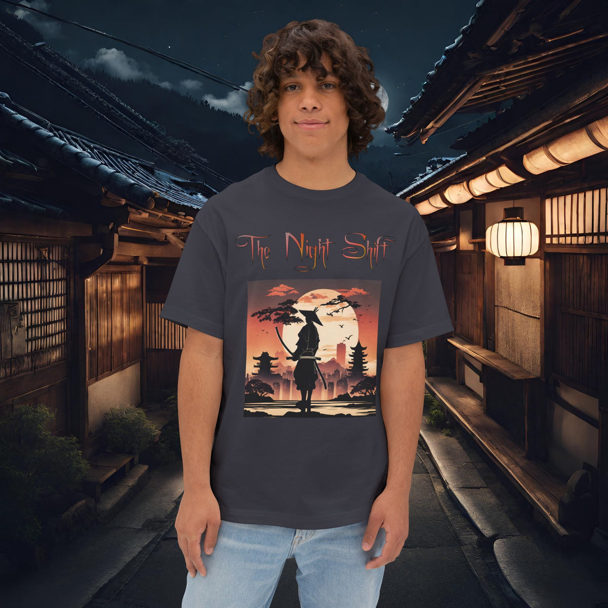 Samurai Full Moon Silhouette-Premium, Ultra Soft Unisex Oversized Boxy Tee Dark Grey Printify by The Night Shift Automotive Apparel