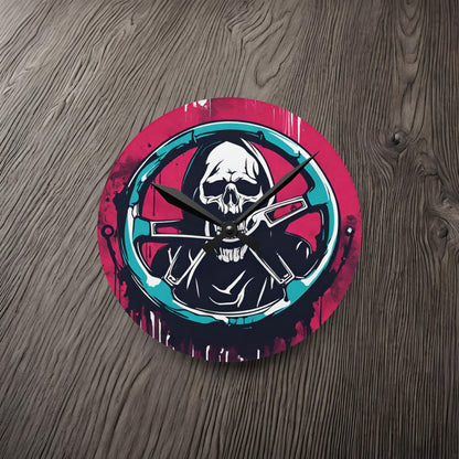 Grim Reaper Steering Wheel-Acrylic Wall Clock 8'' × 8'' (Round) Printify by The Night Shift Automotive Apparel
