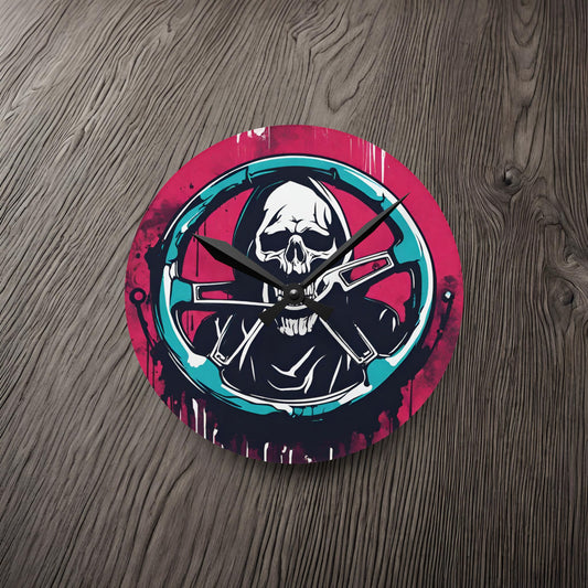 Grim Reaper Steering Wheel-Acrylic Wall Clock 8'' × 8'' (Round) Printify by The Night Shift Automotive Apparel