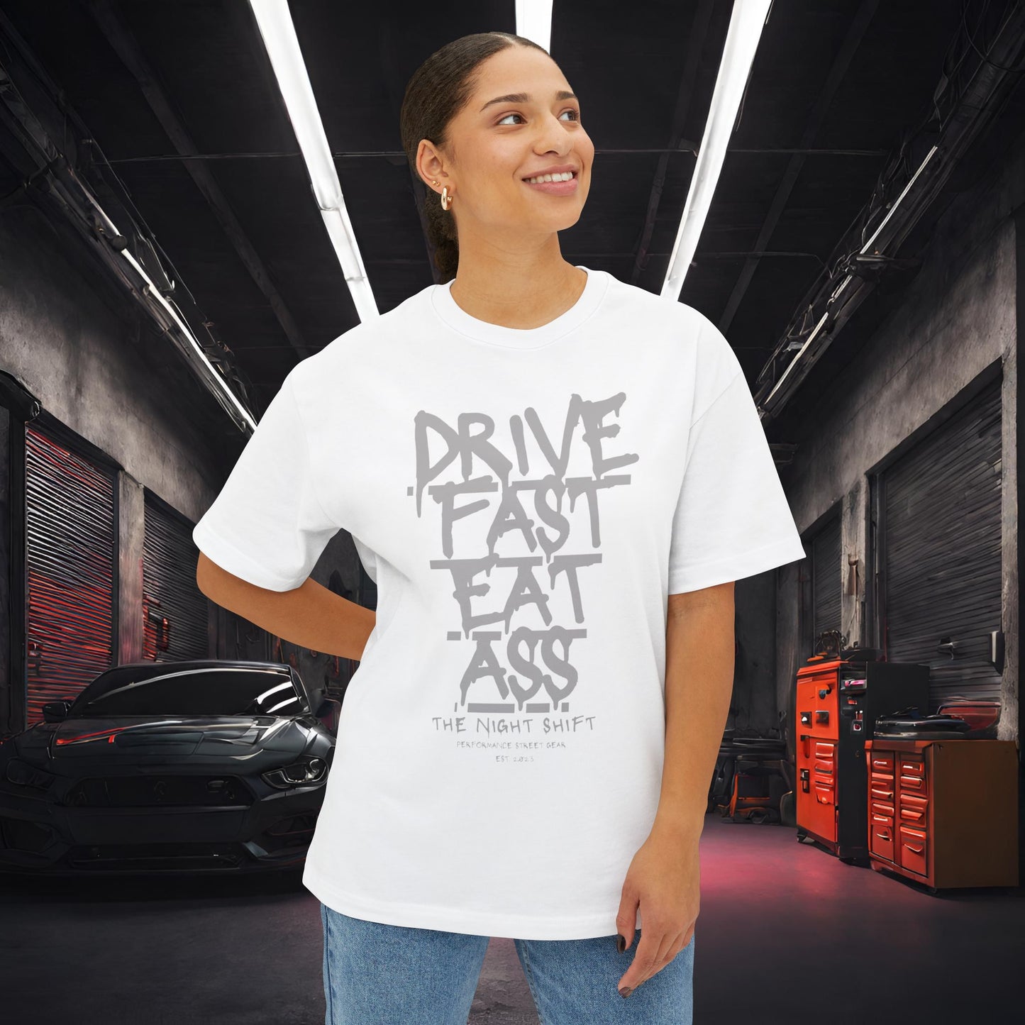 Drive Fast, Eat Ass-Premium, Ultra Soft Unisex Oversized Boxy Tee Printify by The Night Shift Automotive Apparel