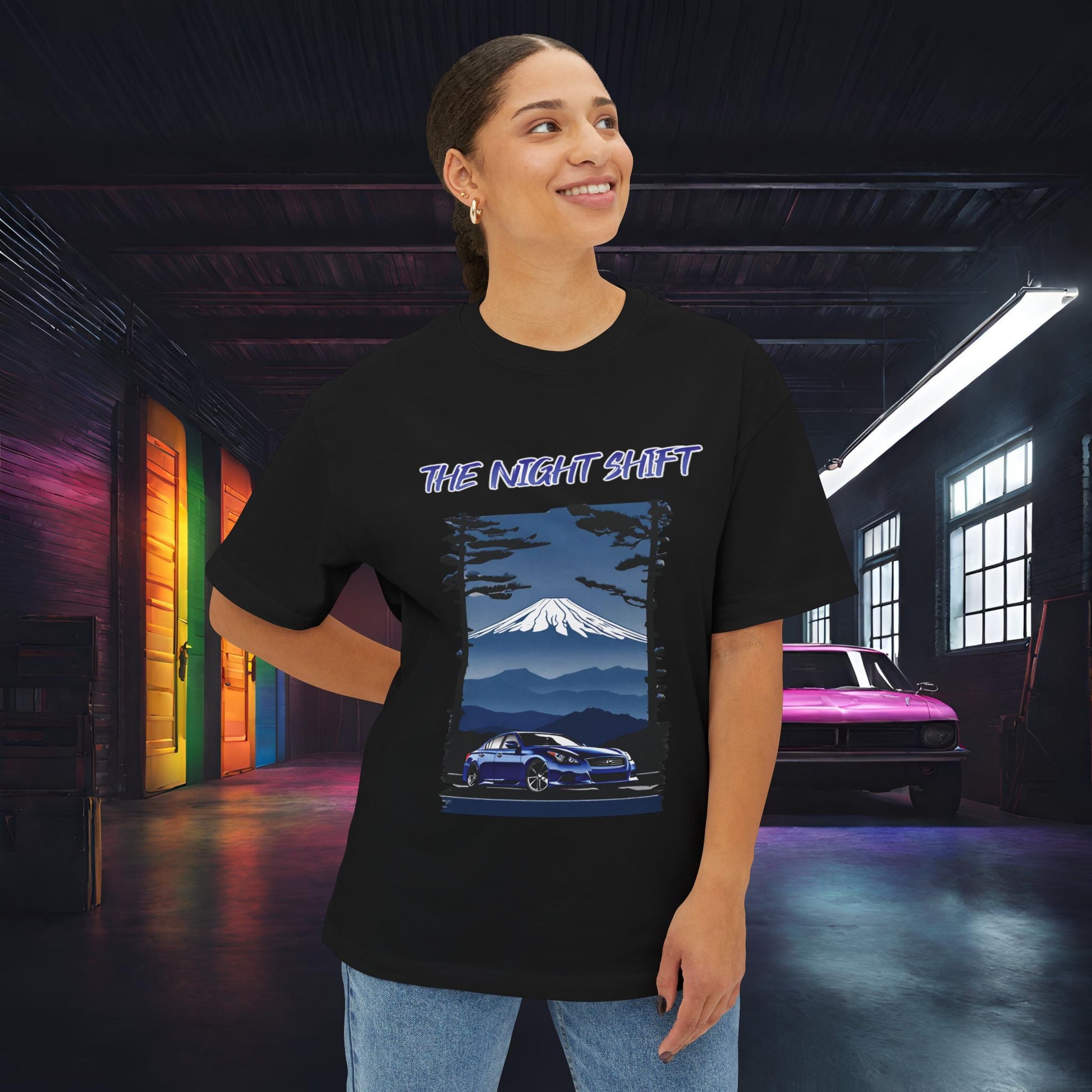 Infiniti G37 Sedan Mt Fuji-Premium, Ultra Soft Unisex Oversized Boxy Tee Printify by The Night Shift Automotive Apparel