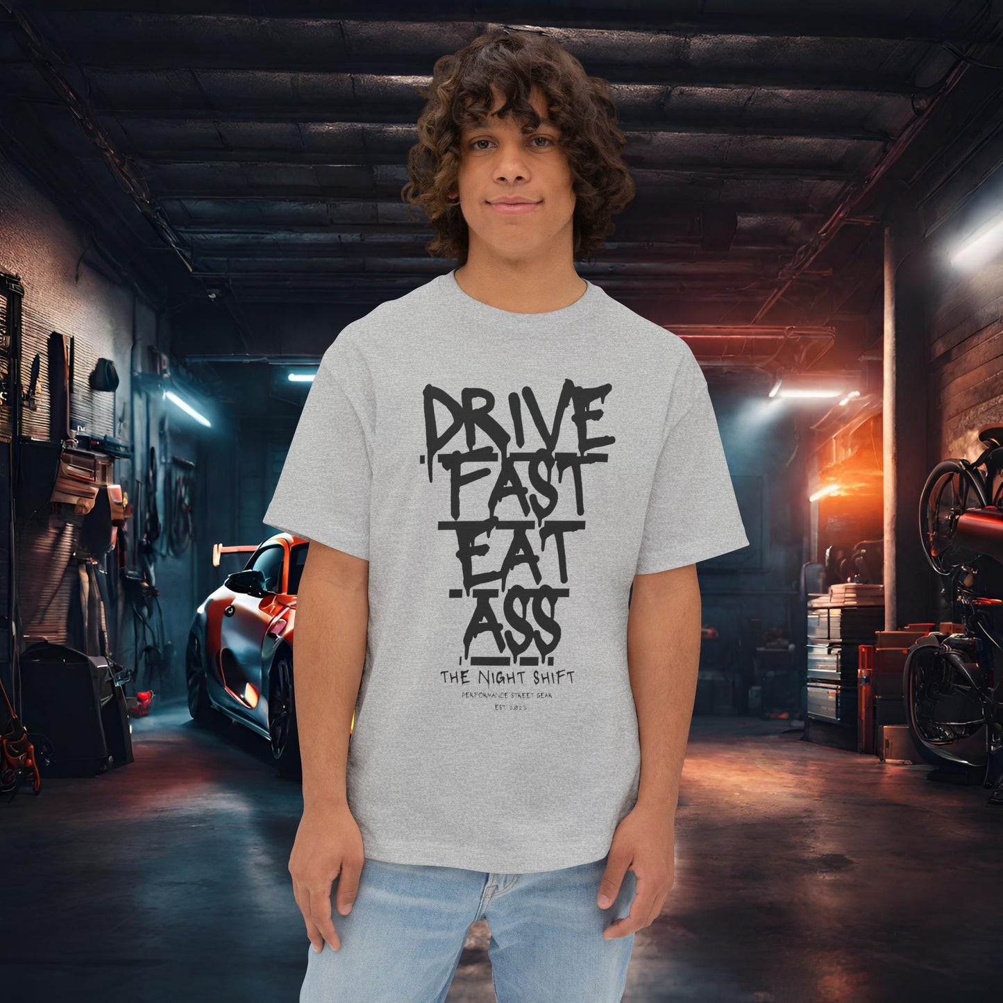 Drive Fast, Eat Ass-Premium, Ultra Soft Unisex Oversized Boxy Tee Athletic Heather Printify by The Night Shift Automotive Apparel