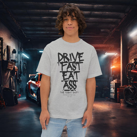 Drive Fast, Eat Ass-Premium, Ultra Soft Unisex Oversized Boxy Tee Athletic Heather Printify by The Night Shift Automotive Apparel