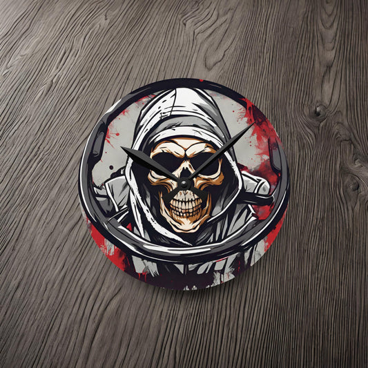 Grim Reaper Steering Wheel-Acrylic Wall Clock 8'' × 8'' (Round) Printify by The Night Shift Automotive Apparel