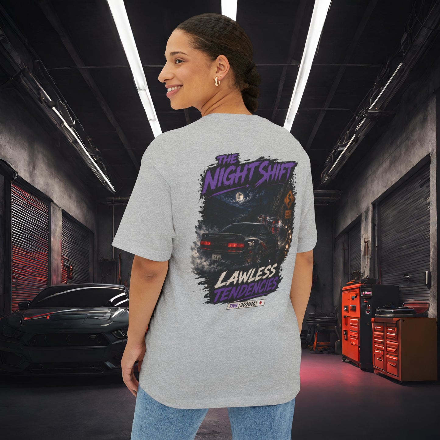 Nissan 240sx S13 Lawless Tendencies-Premium, Ultra Soft Unisex Oversized Boxy Tee Printify by The Night Shift Automotive Apparel