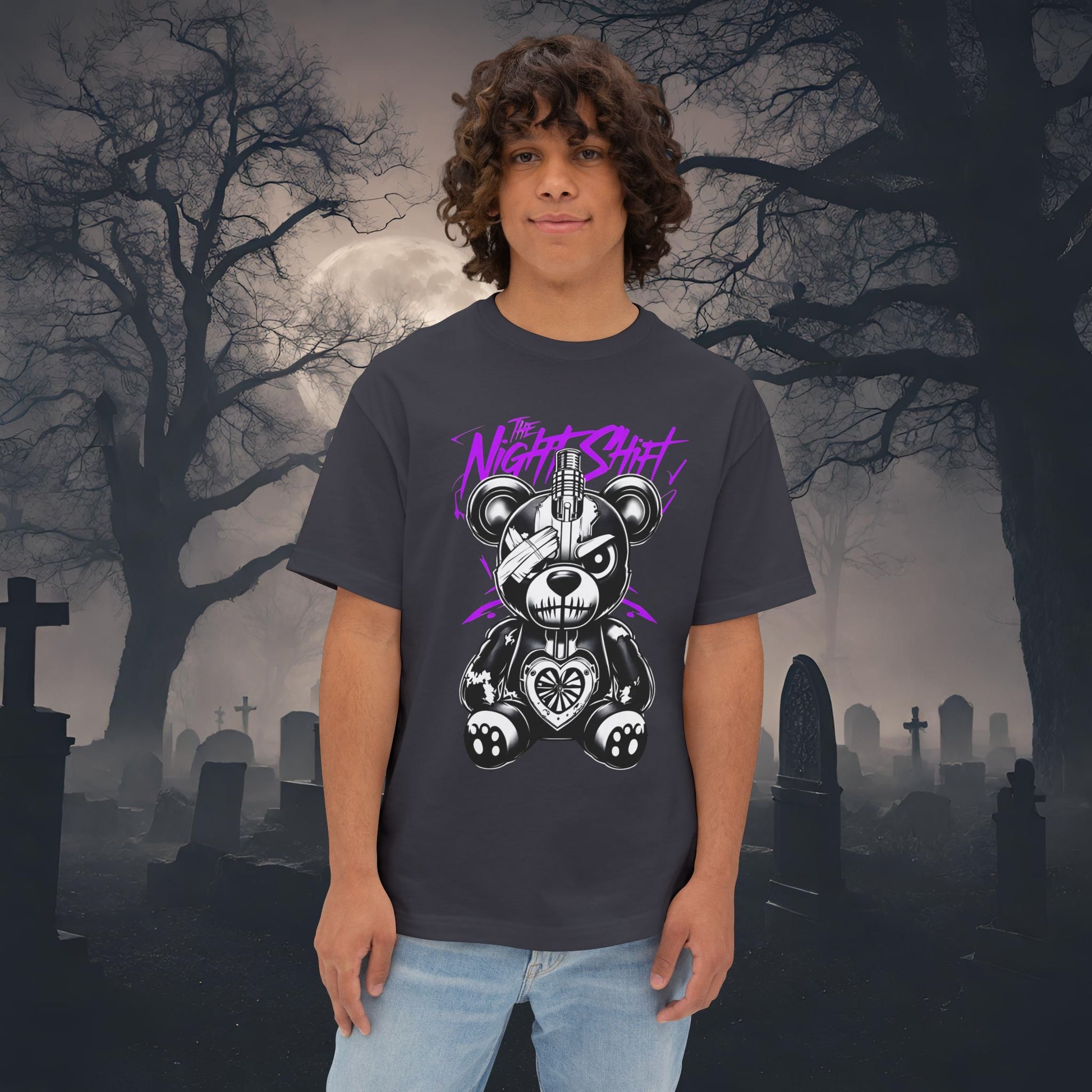 The Night Shift Tattered Teddy-Premium, Ultra Soft Unisex Oversized Boxy Tee Dark Grey Printify by The Night Shift Automotive Apparel