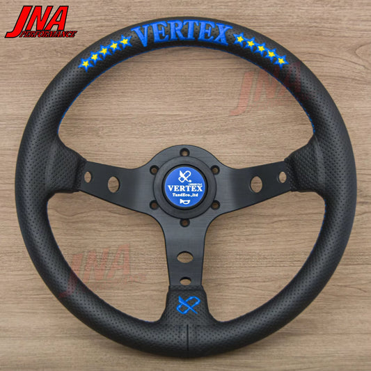 VERTEX 10 Star 320mm Genuine Leather Embroidered Deep Dish Steering Wheel Black Blue The Night Shift Performance Street Gear by The Night Shift Automotive Apparel