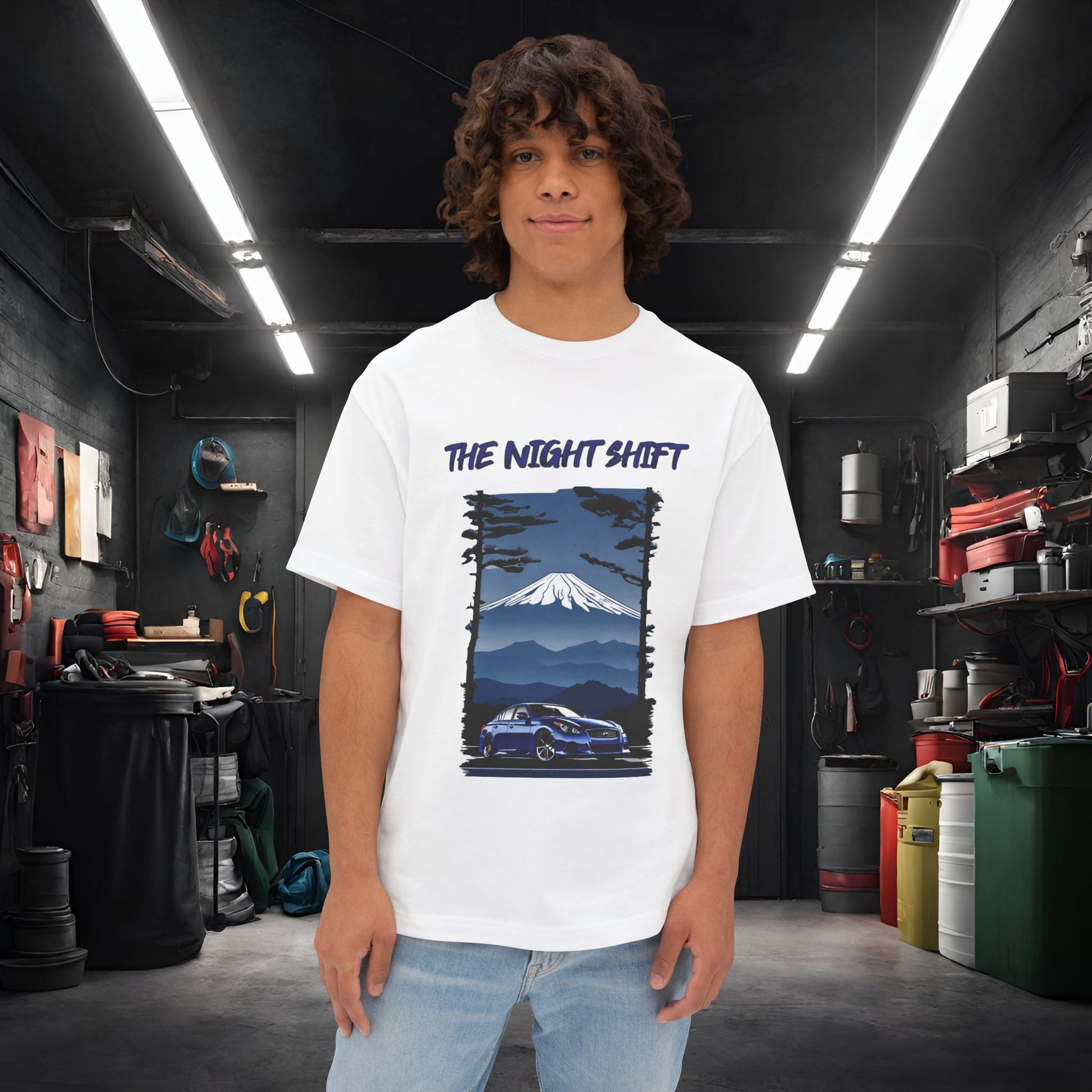 Infiniti G37 Sedan Mt Fuji-Premium, Ultra Soft Unisex Oversized Boxy Tee White Printify by The Night Shift Automotive Apparel