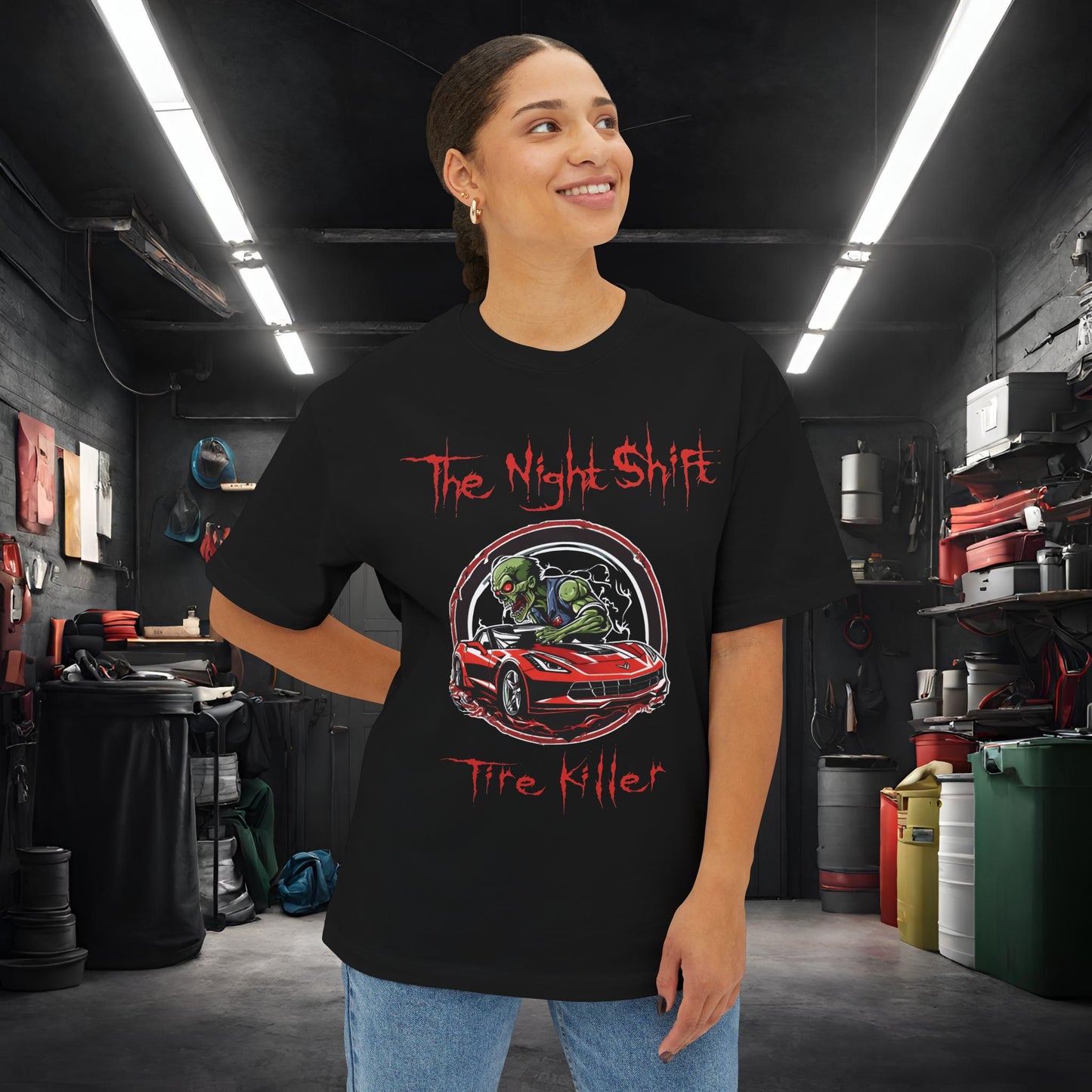 Tire Killer Zombie Corvette-Premium, Ultra Soft Unisex Oversized Boxy Tee Printify by The Night Shift Automotive Apparel