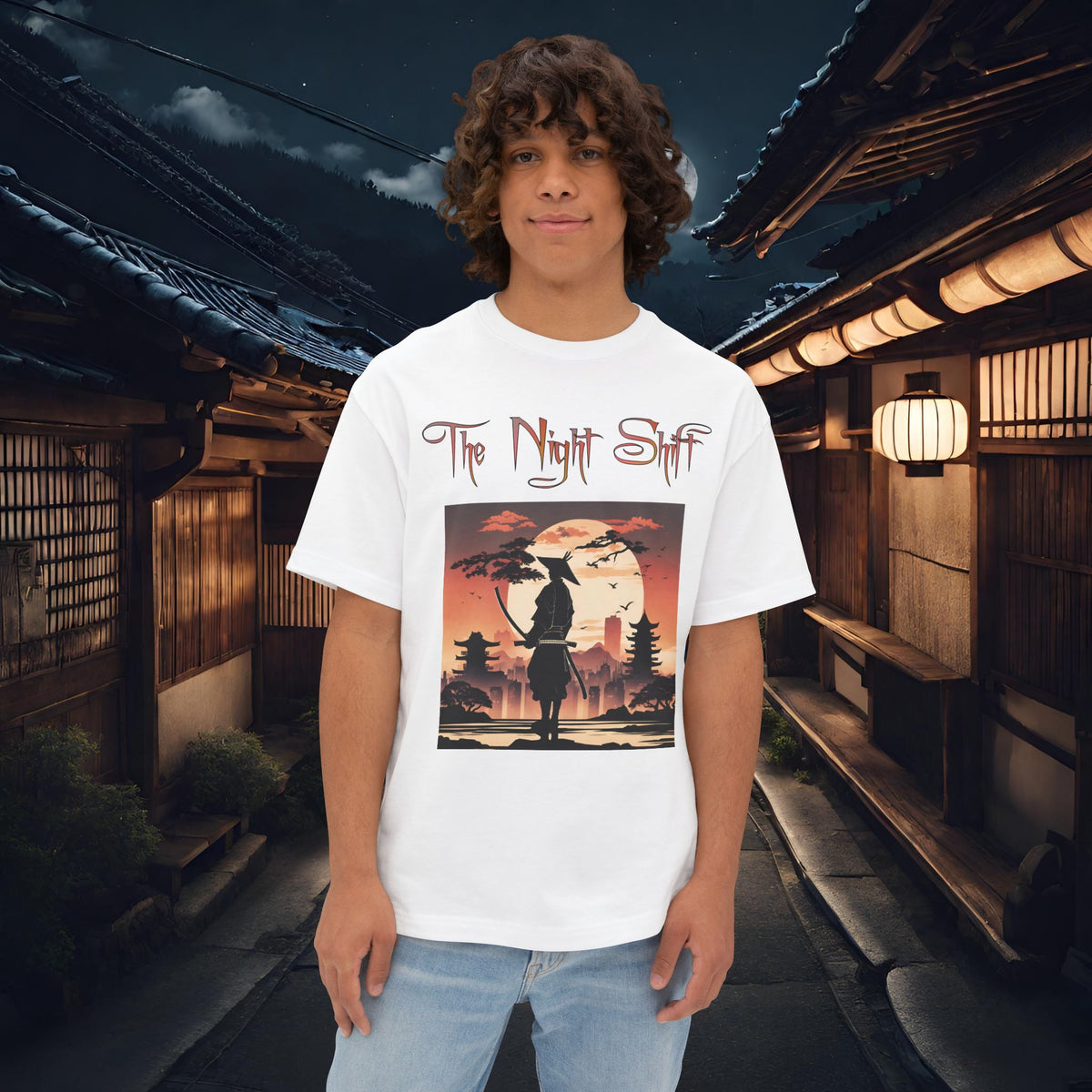 Samurai Full Moon Silhouette-Premium, Ultra Soft Unisex Oversized Boxy Tee White Printify by The Night Shift Automotive Apparel