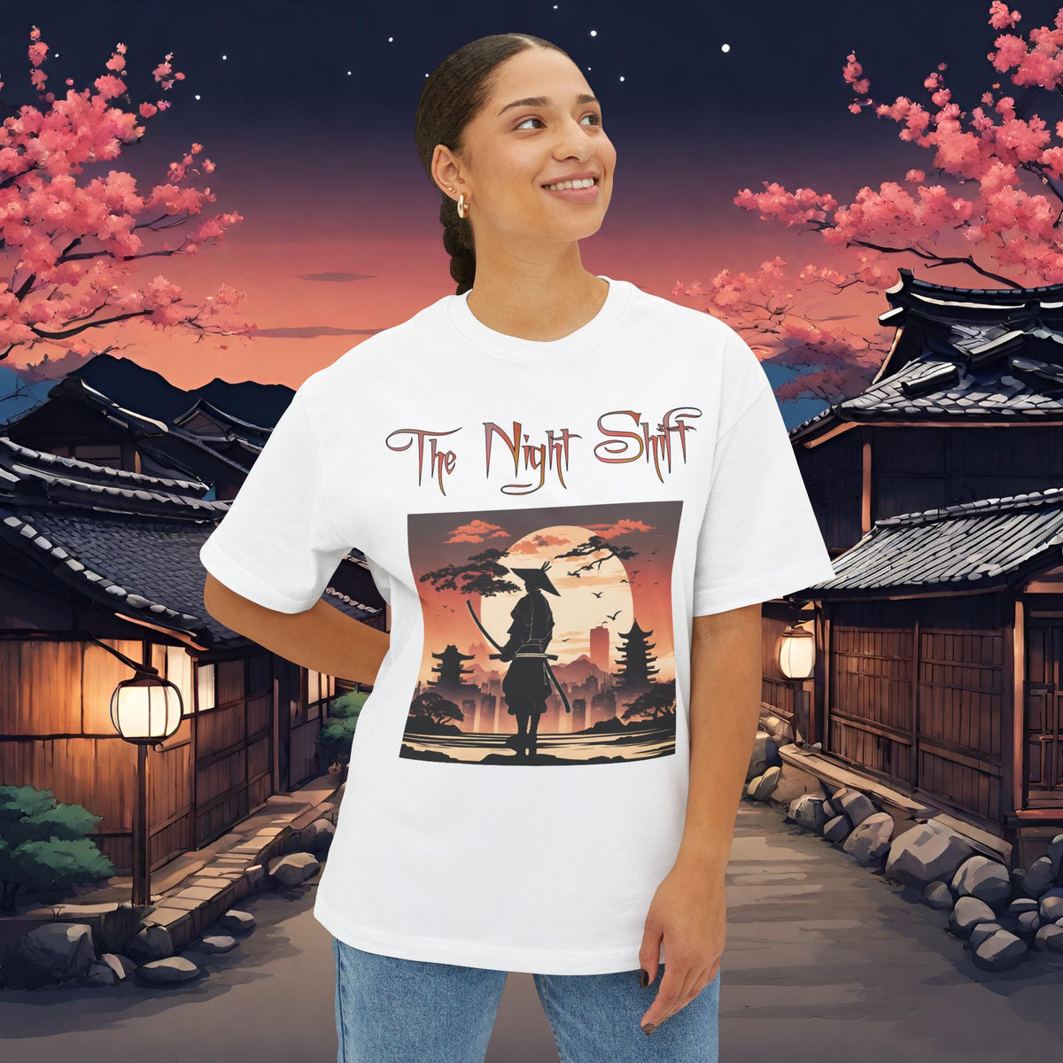 Samurai Full Moon Silhouette-Premium, Ultra Soft Unisex Oversized Boxy Tee Printify by The Night Shift Automotive Apparel