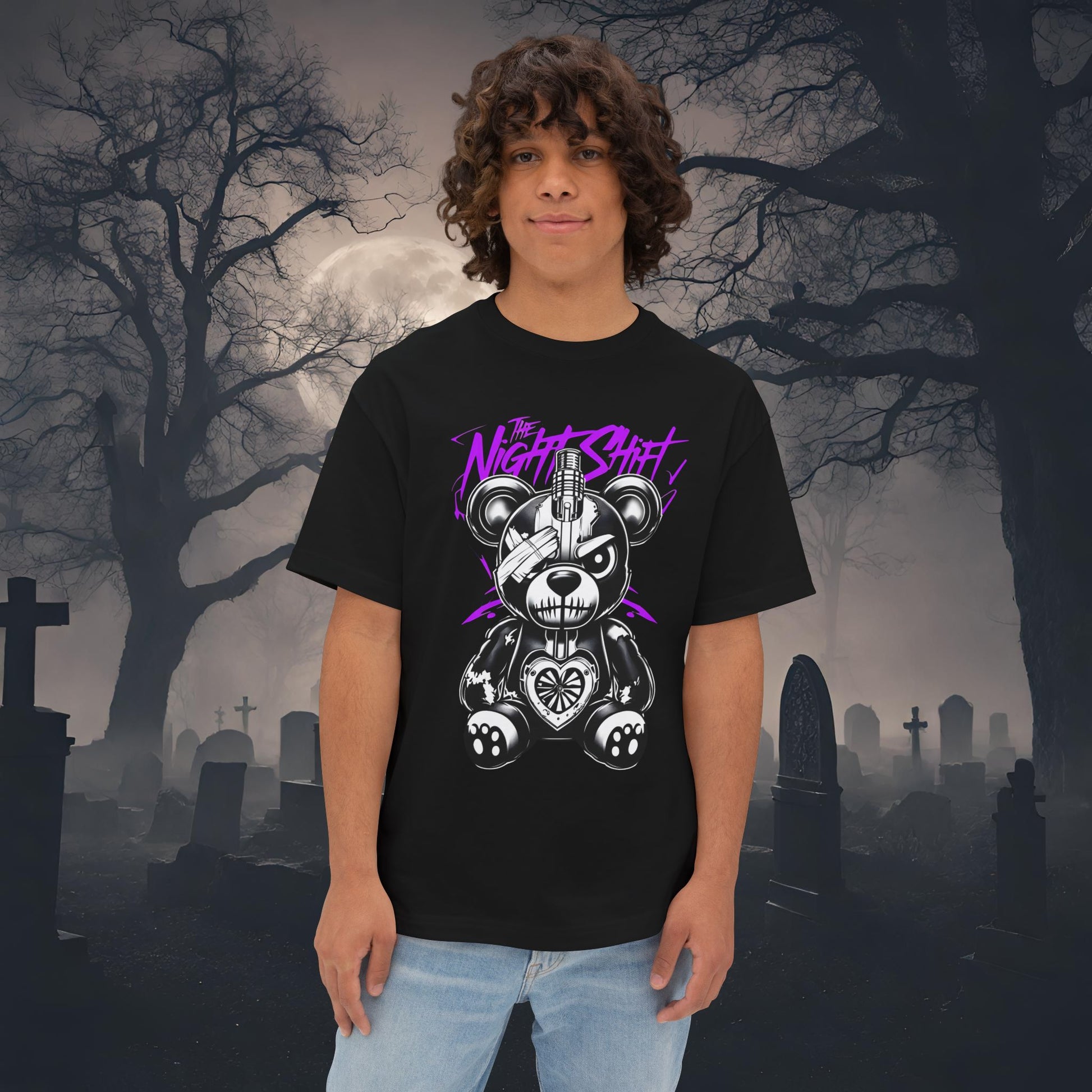 The Night Shift Tattered Teddy-Premium, Ultra Soft Unisex Oversized Boxy Tee Black Printify by The Night Shift Automotive Apparel