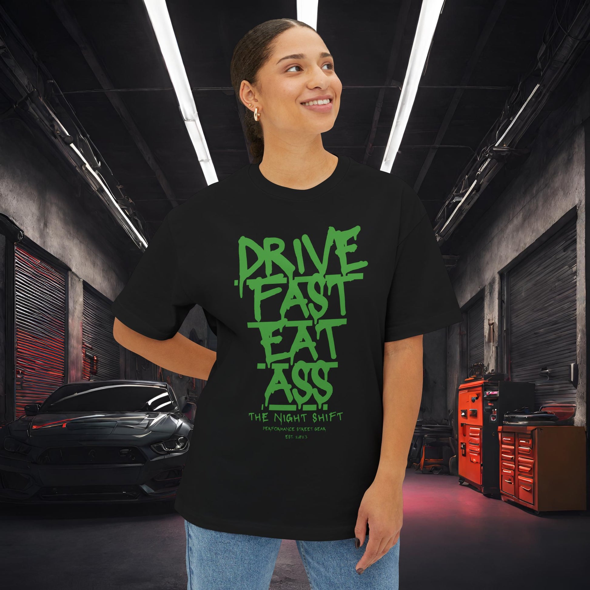 Drive Fast, Eat Ass-Premium, Ultra Soft Unisex Oversized Boxy Tee Printify by The Night Shift Automotive Apparel