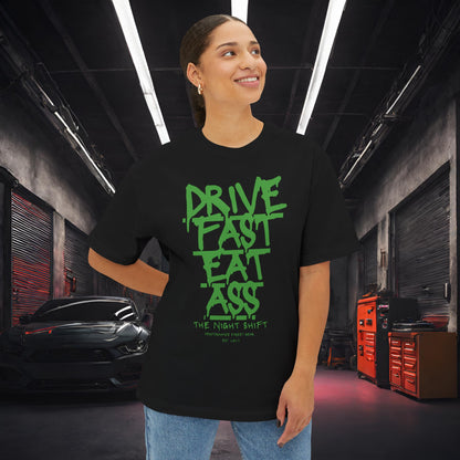 Drive Fast, Eat Ass-Premium, Ultra Soft Unisex Oversized Boxy Tee Printify by The Night Shift Automotive Apparel