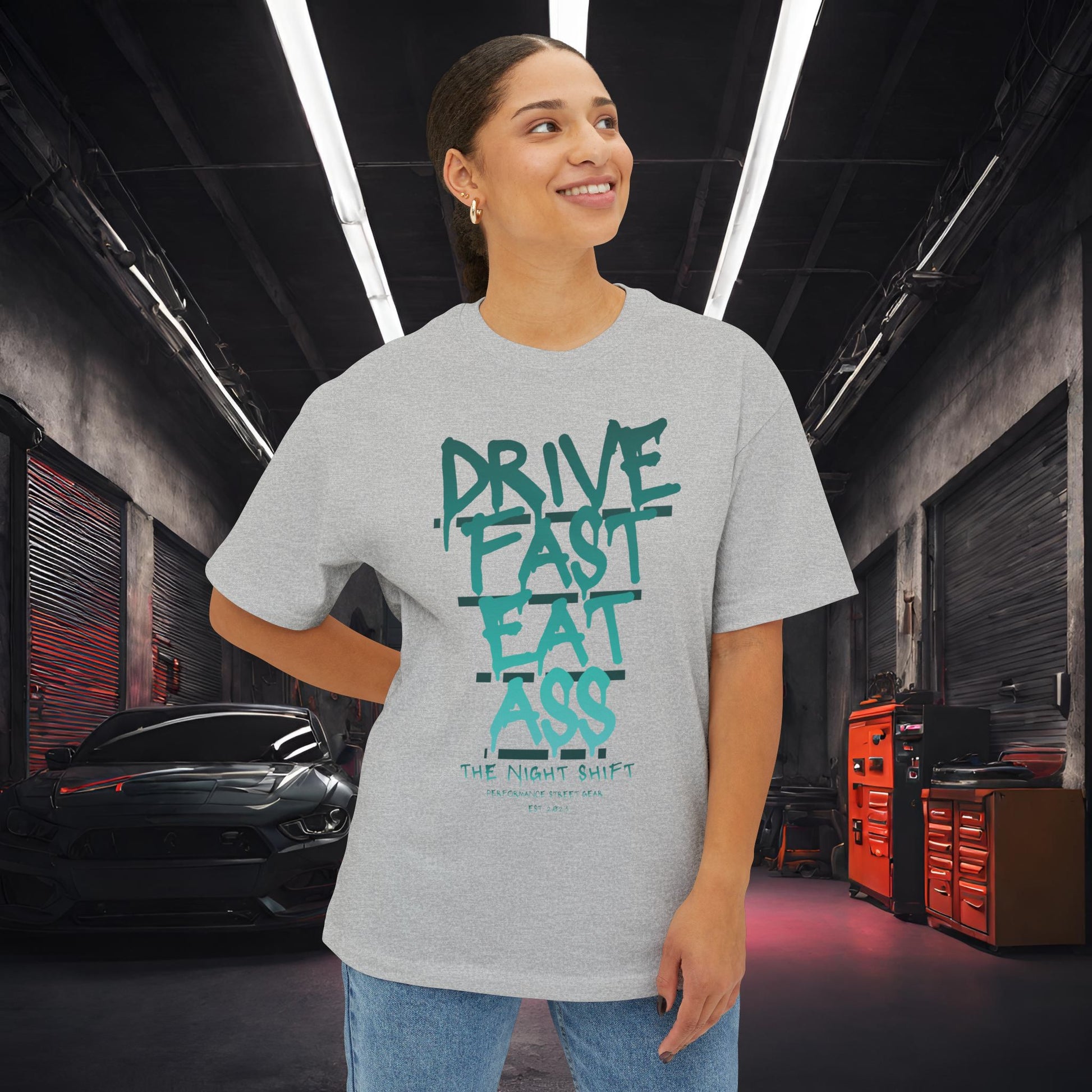 Drive Fast, Eat Ass-Premium, Ultra Soft Unisex Oversized Boxy Tee Printify by The Night Shift Automotive Apparel