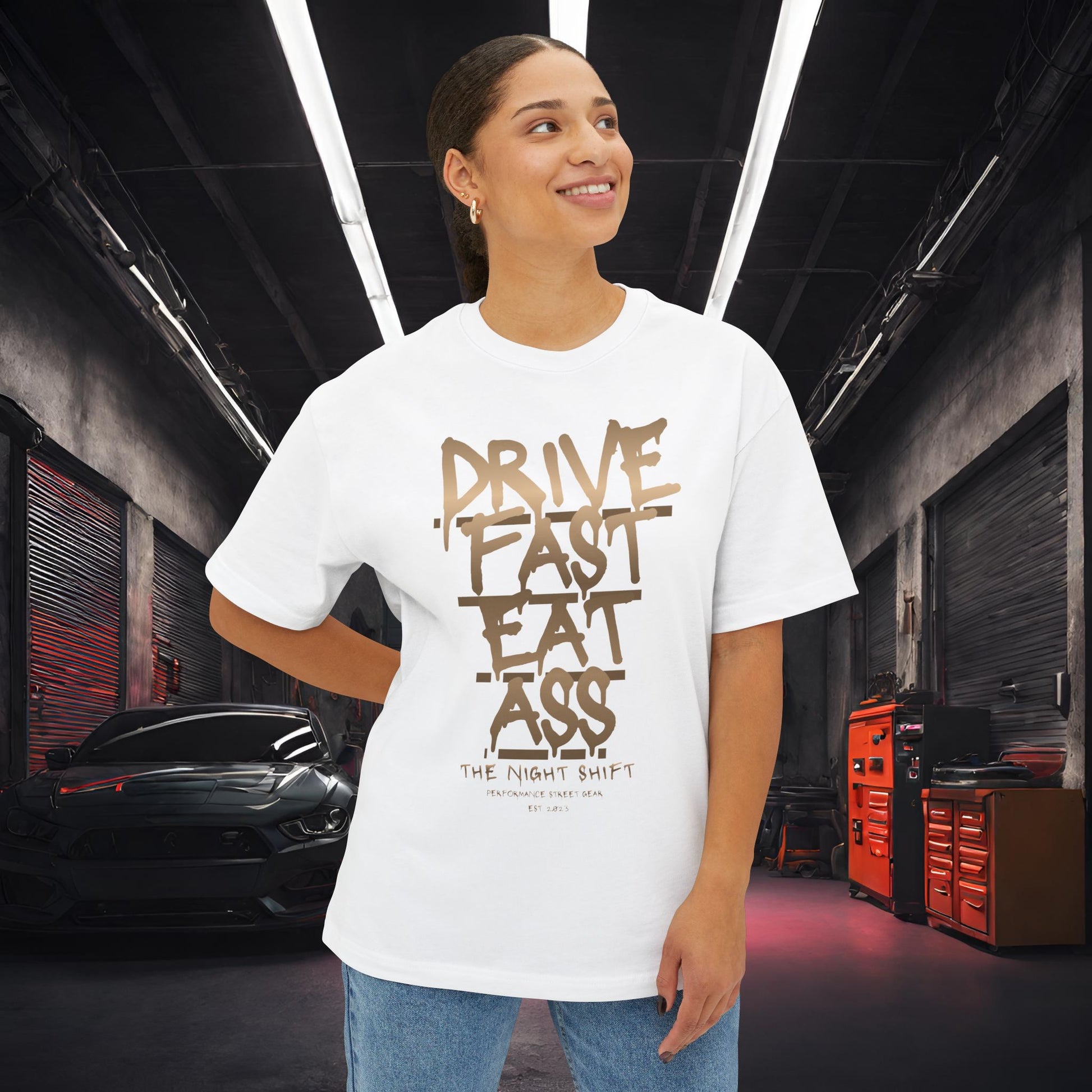Drive Fast, Eat Ass-Premium, Ultra Soft Unisex Oversized Boxy Tee Printify by The Night Shift Automotive Apparel