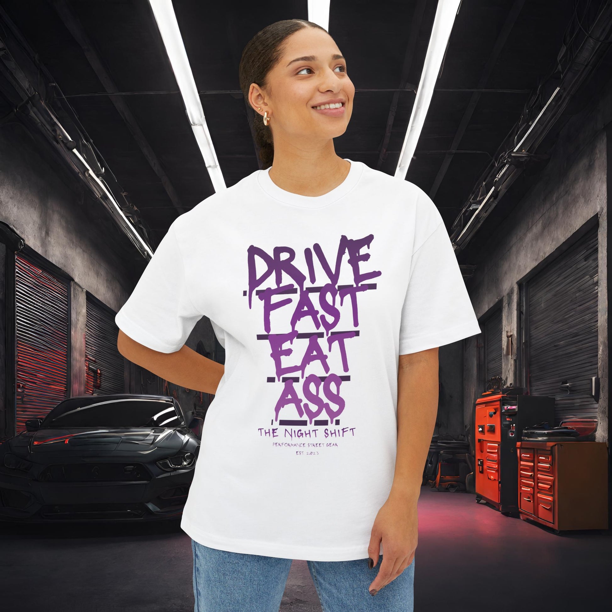 Drive Fast, Eat Ass-Premium, Ultra Soft Unisex Oversized Boxy Tee Printify by The Night Shift Automotive Apparel