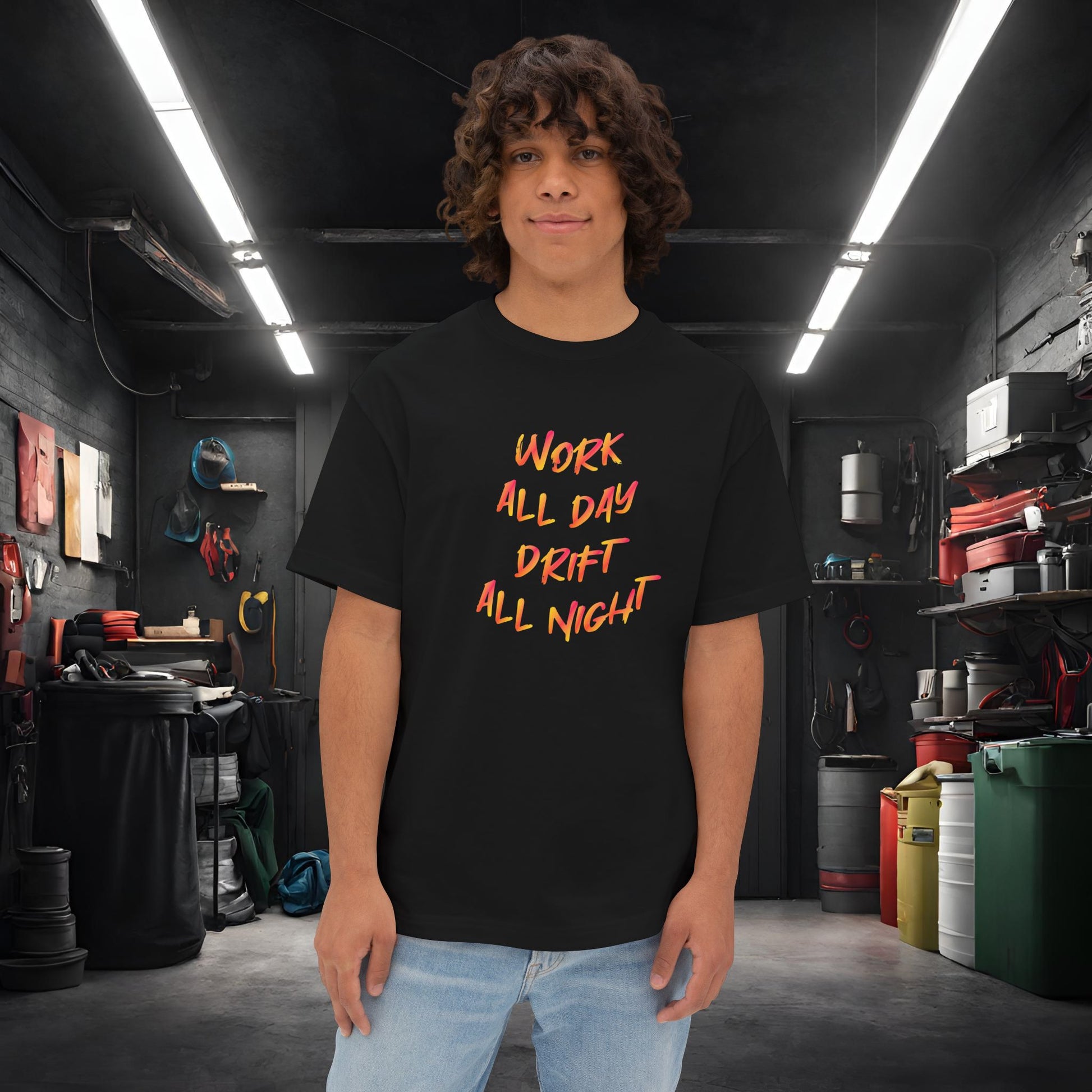 Work All Day, Drift All Night-Premium, Ultra Soft Unisex Oversized Boxy Tee Black Printify by The Night Shift Automotive Apparel