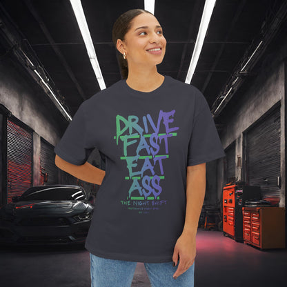 Drive Fast, Eat Ass-Premium, Ultra Soft Unisex Oversized Boxy Tee Printify by The Night Shift Automotive Apparel