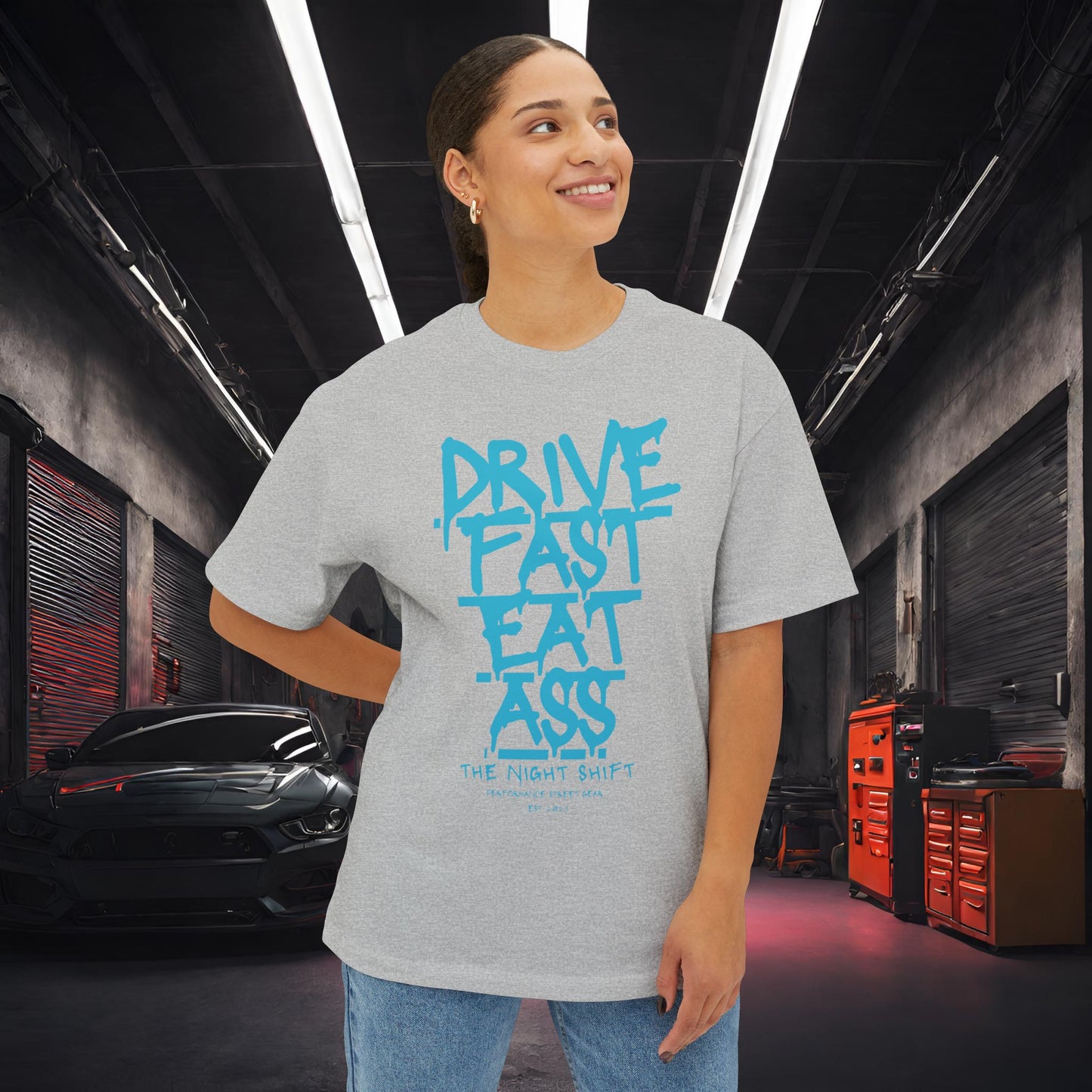 Drive Fast, Eat Ass-Premium, Ultra Soft Unisex Oversized Boxy Tee Printify by The Night Shift Automotive Apparel