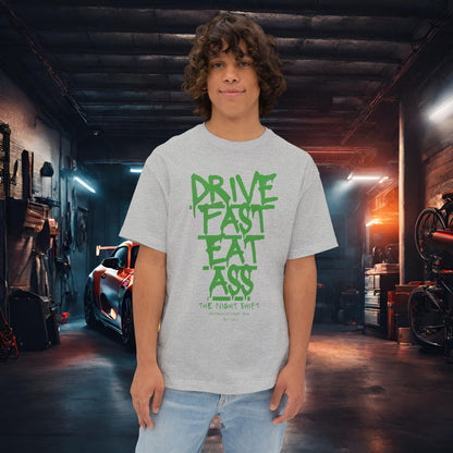 Drive Fast, Eat Ass-Premium, Ultra Soft Unisex Oversized Boxy Tee Athletic Heather Printify by The Night Shift Automotive Apparel