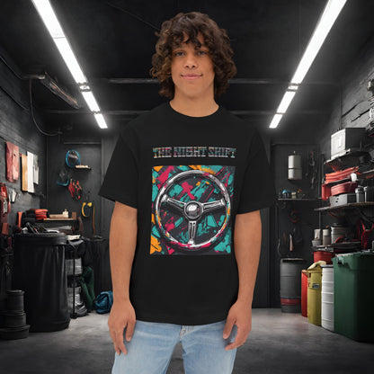 Steering Wheel-Premium, Ultra Soft Unisex Oversized Boxy Tee Black Printify by The Night Shift Automotive Apparel