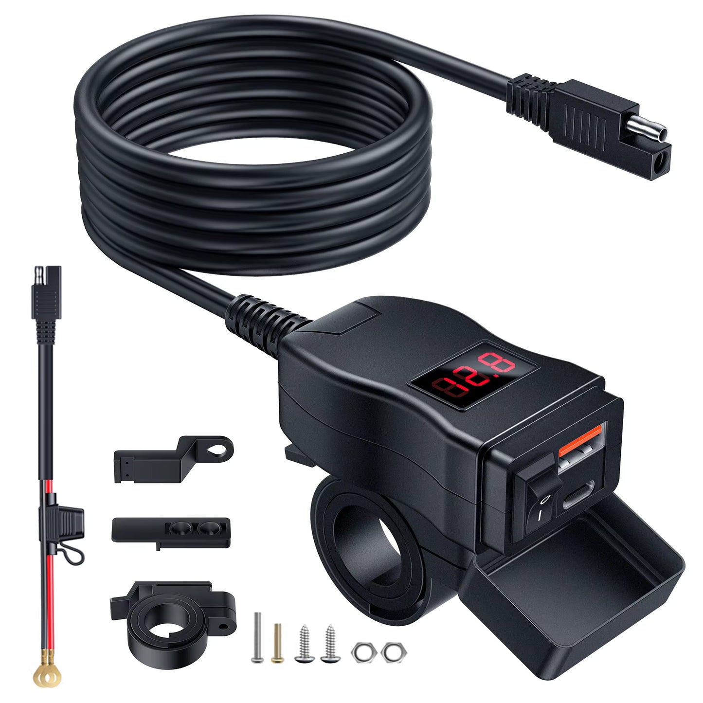 Motorcycle Phone Charger Dual USB Type C With Voltmeter & On/Off Switch