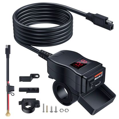 Motorcycle Phone Charger Dual USB Type C With Voltmeter & On/Off Switch