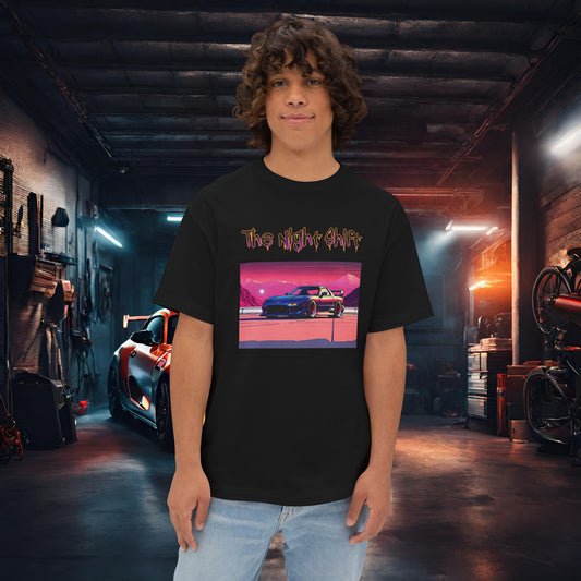 Mazda RX7 Synthwave-Premium, Ultra Soft Unisex Oversized Boxy Tee Black Printify by The Night Shift Automotive Apparel