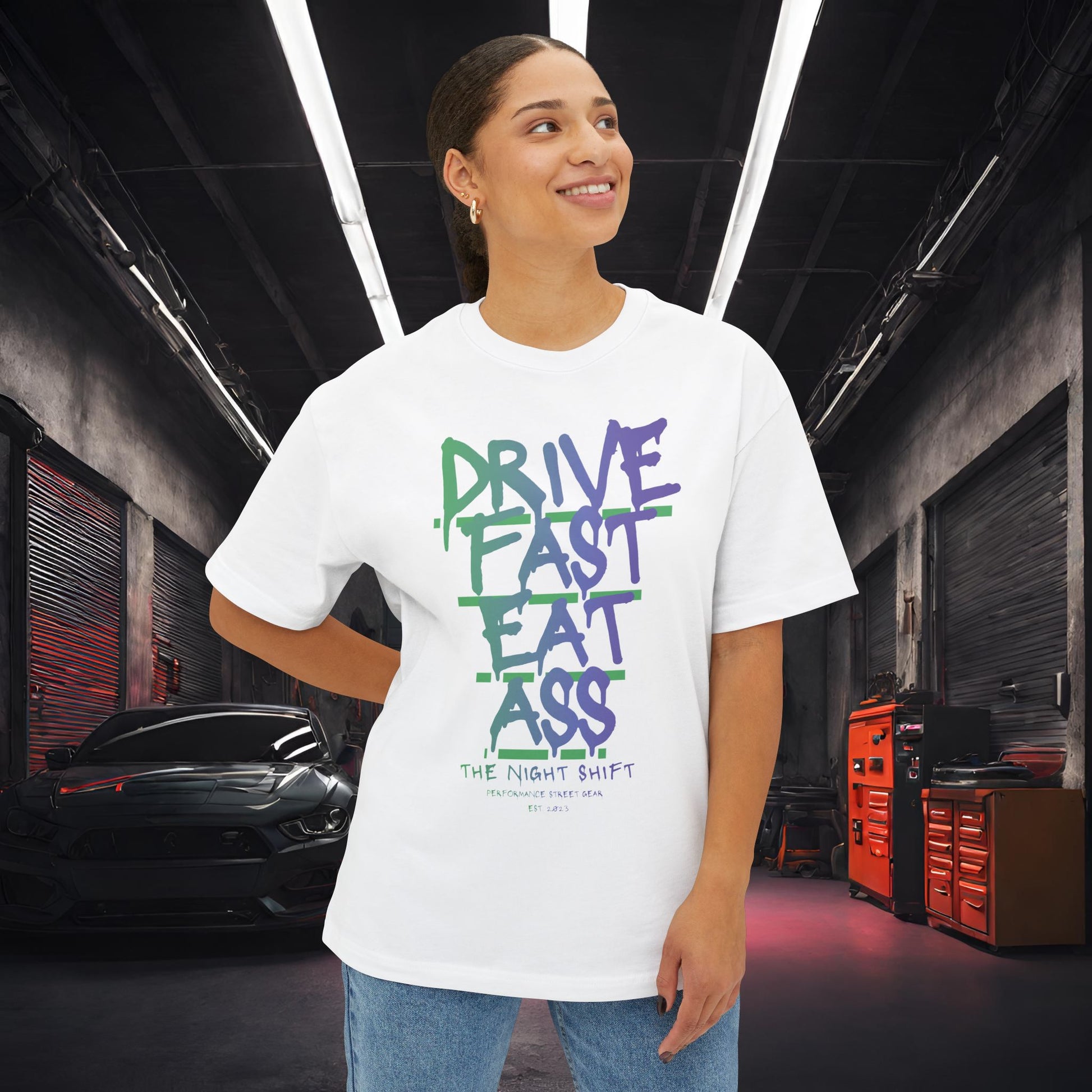 Drive Fast, Eat Ass-Premium, Ultra Soft Unisex Oversized Boxy Tee Printify by The Night Shift Automotive Apparel