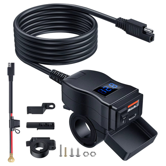 Motorcycle Phone Charger Dual USB Type C With Voltmeter & On/Off Switch
