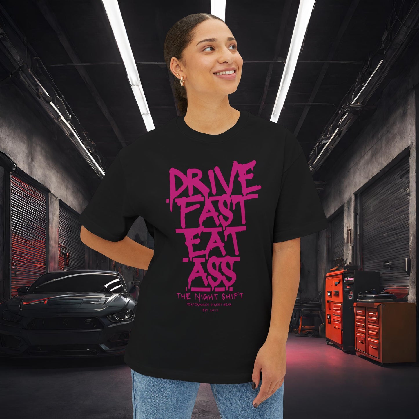 Drive Fast, Eat Ass-Premium, Ultra Soft Unisex Oversized Boxy Tee Printify by The Night Shift Automotive Apparel