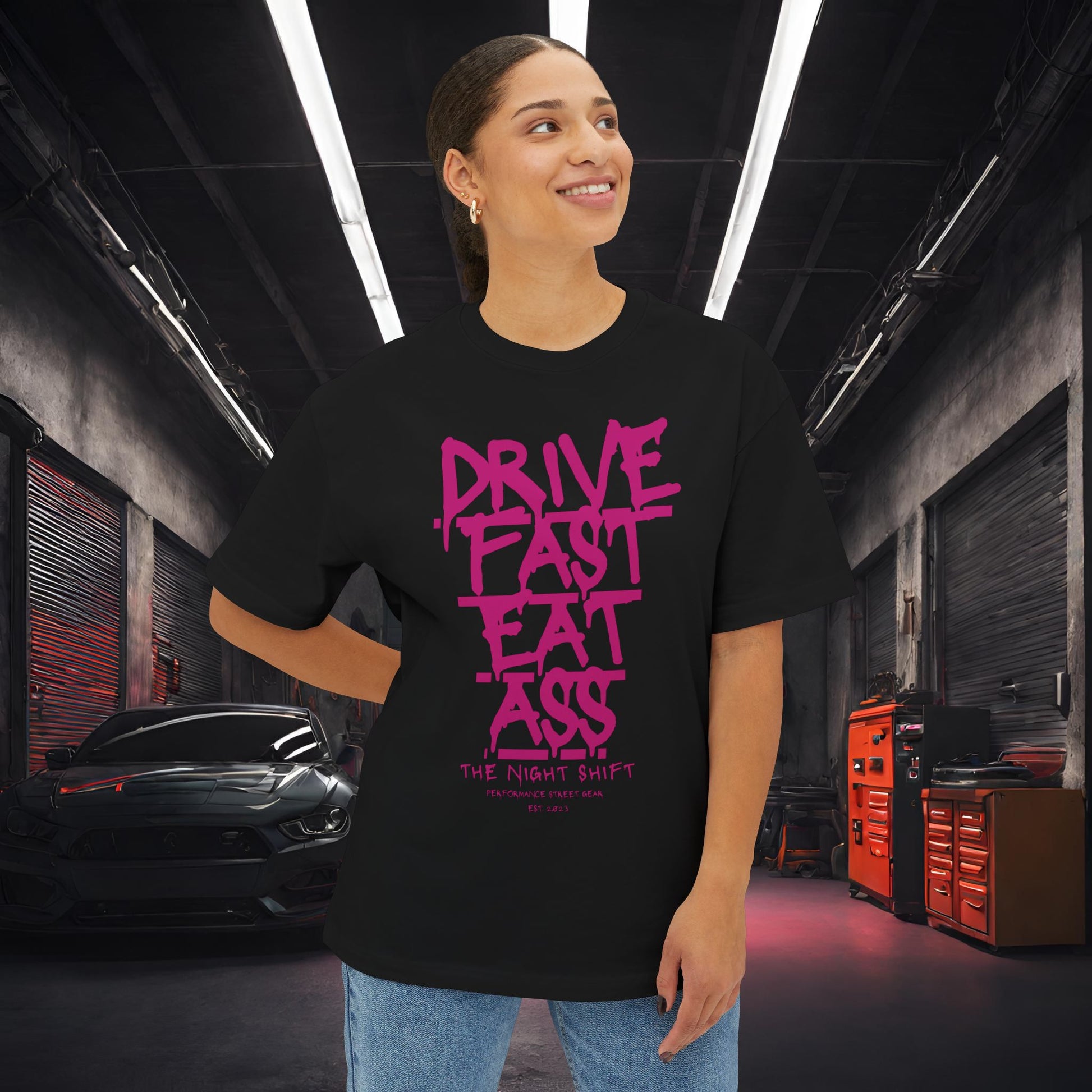 Drive Fast, Eat Ass-Premium, Ultra Soft Unisex Oversized Boxy Tee Printify by The Night Shift Automotive Apparel